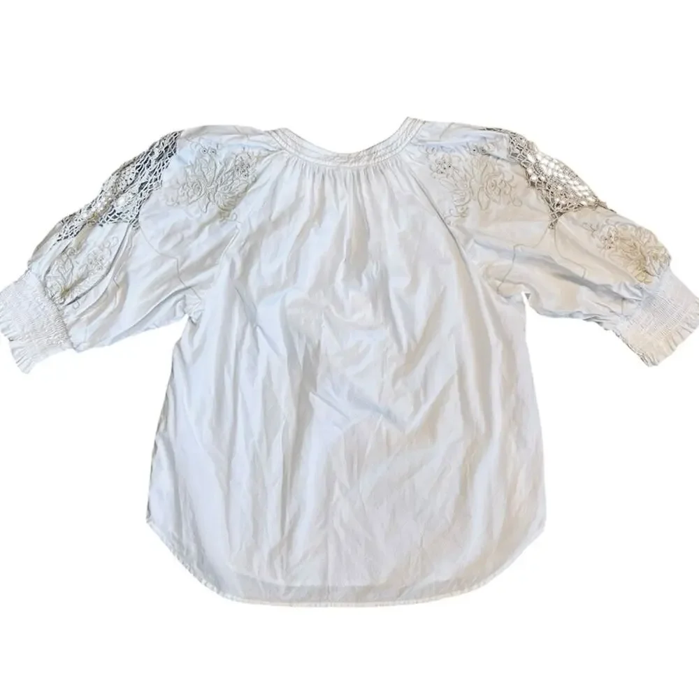 Anthropologie Women’s Sz S Ivory Crochet Blouse Short Puff Sleeve Pullover